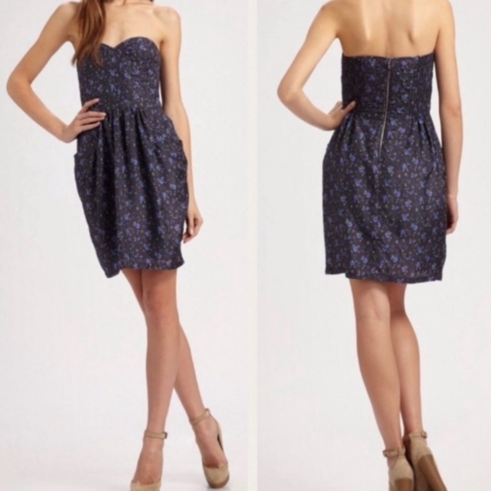 Rebecca Taylor Gray & Purple Floral Quilted Silk Strapless Mini Dress - Size 6